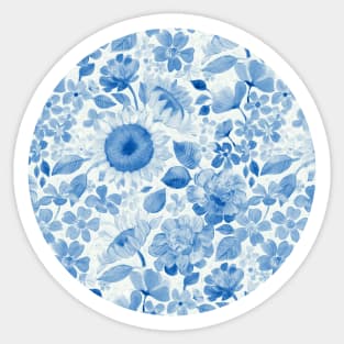 Denim Blue Monochrome Retro Floral Sticker